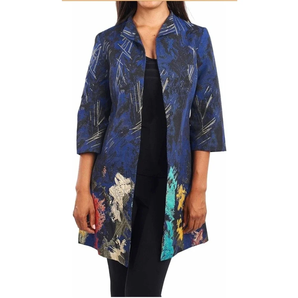 Joseph Ribkoff Metallic Abstract Art Jacquard Open Front Jacket Blue Gold Size 4